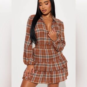 Fashion Nova Brown Plaid Long Sleeve Dress